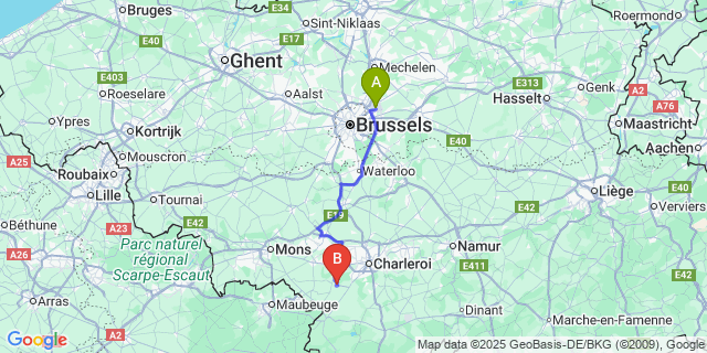 Map: Brussels Zaventem Airport (BRU) to Thuin