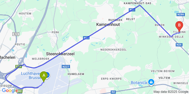 Map: Brussels Zaventem Airport (BRU) to Tildonk