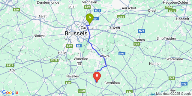 Map: Brussels Zaventem Airport (BRU) to Tilly
