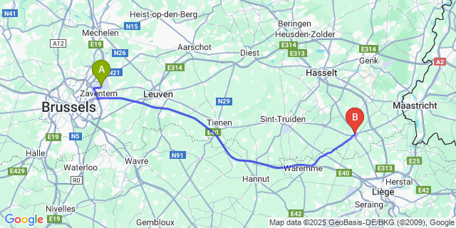 Map: Brussels Zaventem Airport (BRU) to Tongeren