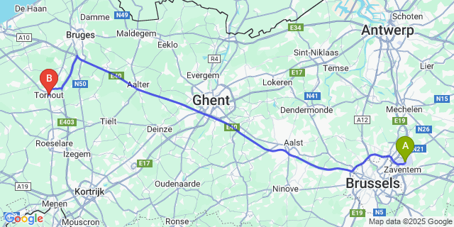 Map: Brussels Zaventem Airport (BRU) to Torhout
