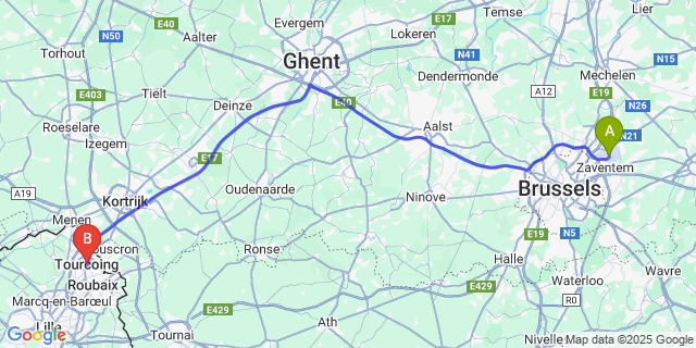Map: Brussels Zaventem Airport (BRU) to Tourcoing