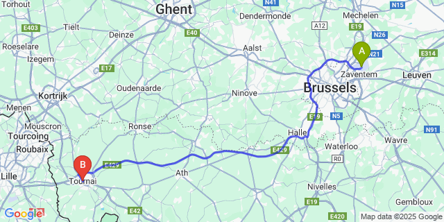 Map: Brussels Zaventem Airport (BRU) to Tournai
