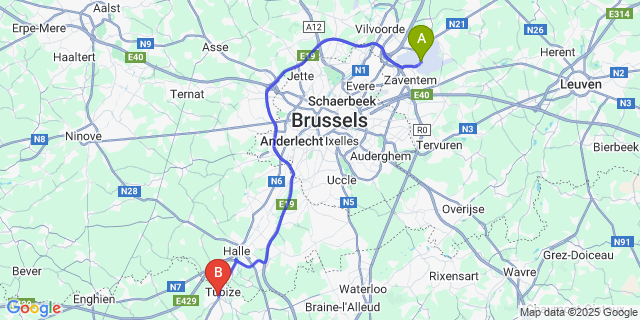 Map: Brussels Zaventem Airport (BRU) to Tubize