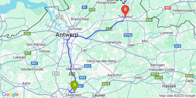 Map: Brussels Zaventem Airport (BRU) to Turnhout