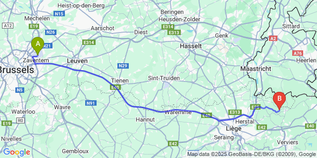 Map: Brussels Zaventem Airport (BRU) to Val-Dieu