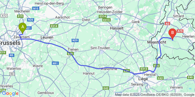Map: Brussels Zaventem Airport (BRU) to Valkenburg