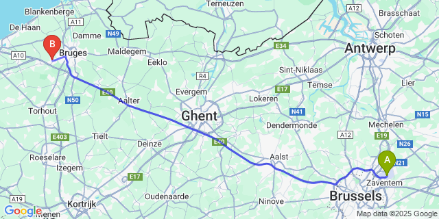 Map: Brussels Zaventem Airport (BRU) to Varsenare