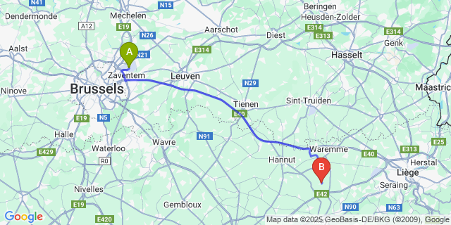 Map: Brussels Zaventem Airport (BRU) to Vaux-Et-Borset