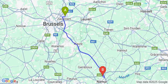 Map: Brussels Zaventem Airport (BRU) to Vedrin