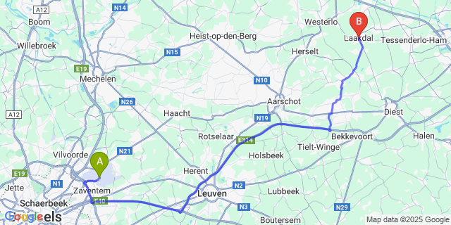 Map: Brussels Zaventem Airport (BRU) to Veerle