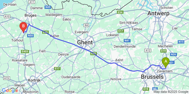 Map: Brussels Zaventem Airport (BRU) to Veldegem