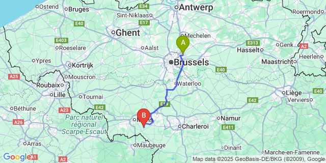 Map: Brussels Zaventem Airport (BRU) to Vellereille-Le-Sec