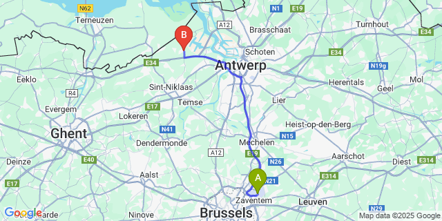 Map: Brussels Zaventem Airport (BRU) to Verrebroek