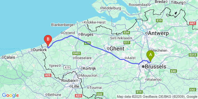 Map: Brussels Zaventem Airport (BRU) to Veurne