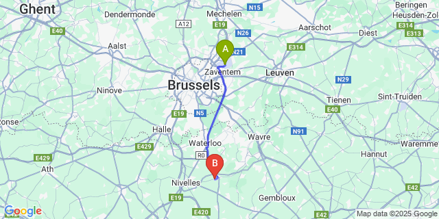 Map: Brussels Zaventem Airport (BRU) to Vieux-Genappe