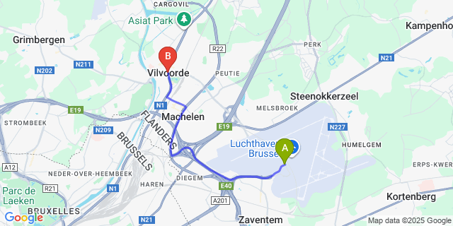 Map: Brussels Zaventem Airport (BRU) to Vilvoorde