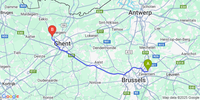 Map: Brussels Zaventem Airport (BRU) to Vinderhoute