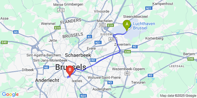 Map: Brussels Zaventem Airport (BRU) to Vintage Hotel Brussels