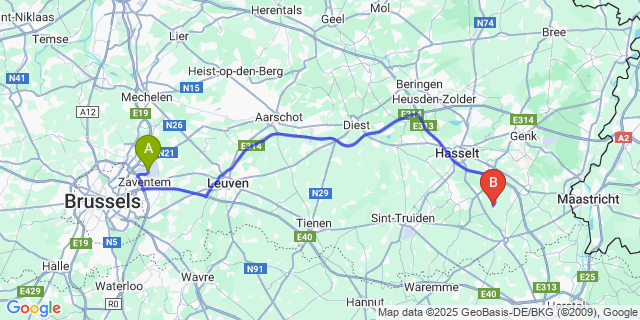 Map: Brussels Zaventem Airport (BRU) to Vliermaal