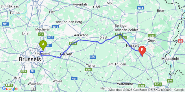 Map: Brussels Zaventem Airport (BRU) to Vliermaalroot