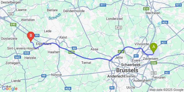 Map: Brussels Zaventem Airport (BRU) to Vlierzele
