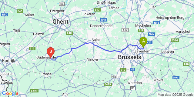 Map: Brussels Zaventem Airport (BRU) to Volkegem