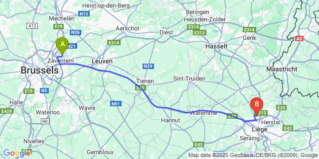 Map: Brussels Zaventem Airport (BRU) to Voroux-Lez-Liers
