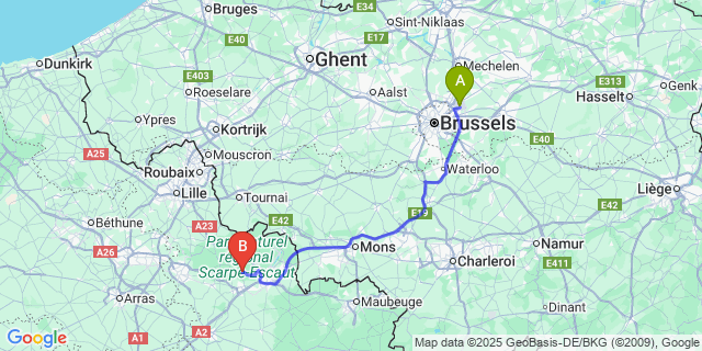 Map: Brussels Zaventem Airport (BRU) to Wallers Arenberg