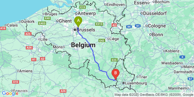 Map: Brussels Zaventem Airport (BRU) to Waltzing