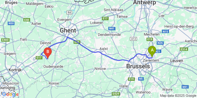 Map: Brussels Zaventem Airport (BRU) to Wannegem-Lede
