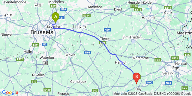 Map: Brussels Zaventem Airport (BRU) to Wanze