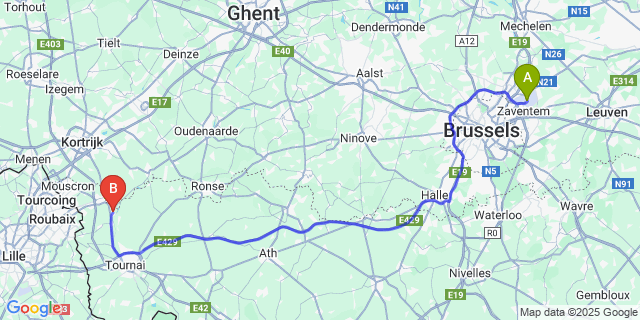 Map: Brussels Zaventem Airport (BRU) to Warcoing