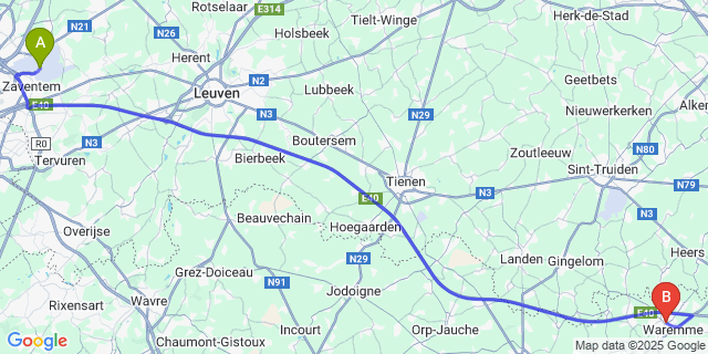 Map: Brussels Zaventem Airport (BRU) to Waremme