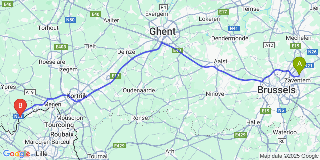 Map: Brussels Zaventem Airport (BRU) to Warneton