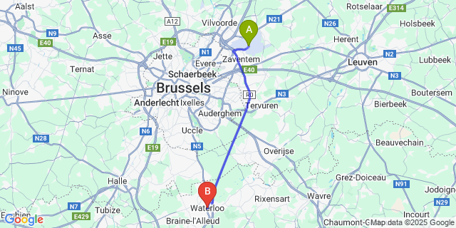 Map: Brussels Zaventem Airport (BRU) to Waterloo