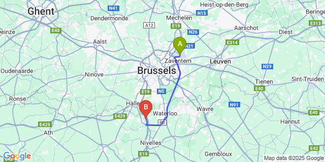 Map: Brussels Zaventem Airport (BRU) to Wauthier-Braine
