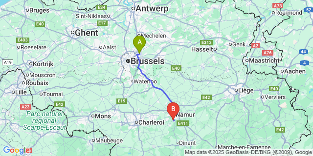 Map: Brussels Zaventem Airport (BRU) to Wépion