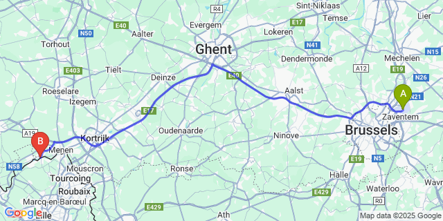 Map: Brussels Zaventem Airport (BRU) to Wervik