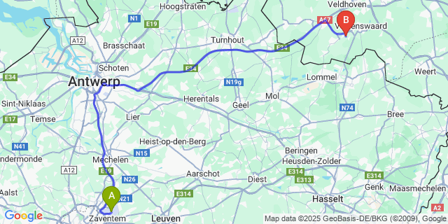 Map: Brussels Zaventem Airport (BRU) to Westerhoven