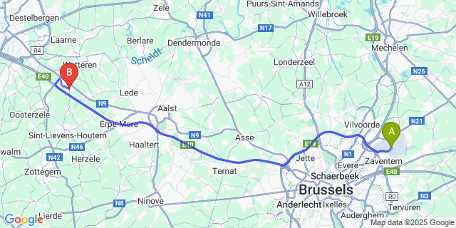 Map: Brussels Zaventem Airport (BRU) to Westrem