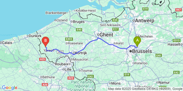 Map: Brussels Zaventem Airport (BRU) to Westvleteren
