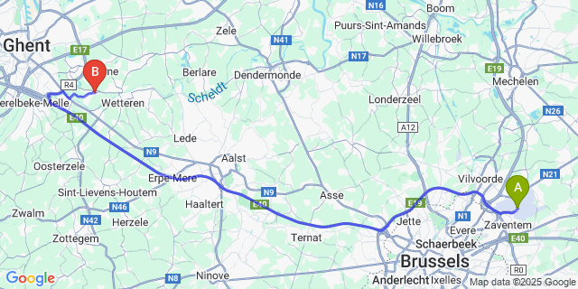 Map: Brussels Zaventem Airport (BRU) to Wetteren-Ten-Ede