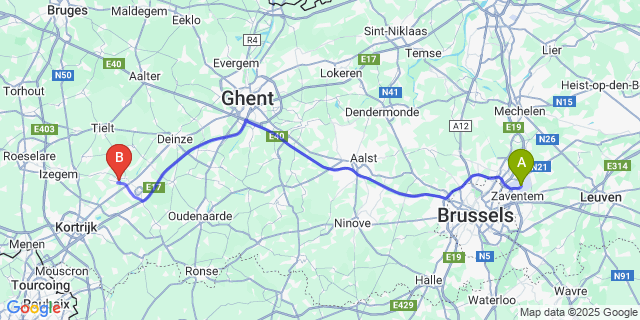 Map: Brussels Zaventem Airport (BRU) to Wielsbeke
