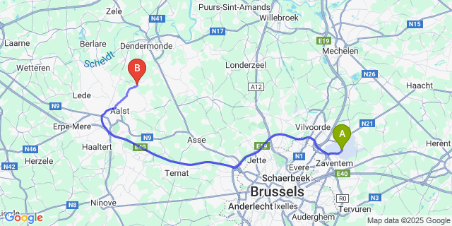 Map: Brussels Zaventem Airport (BRU) to Wieze