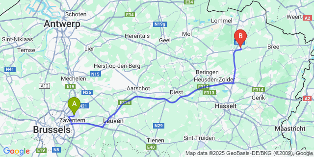 Map: Brussels Zaventem Airport (BRU) to Wijchmaal