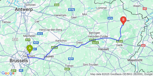 Map: Brussels Zaventem Airport (BRU) to Wijshagen