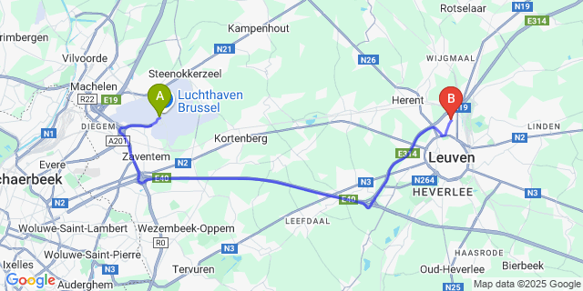 Map: Brussels Zaventem Airport (BRU) to Wilsele