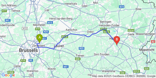 Map: Brussels Zaventem Airport (BRU) to Wimmertingen