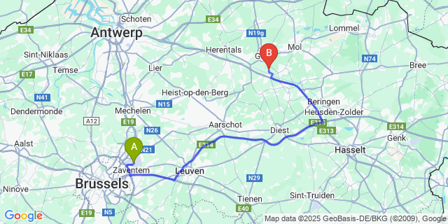 Map: Brussels Zaventem Airport (BRU) to Winkelomheide